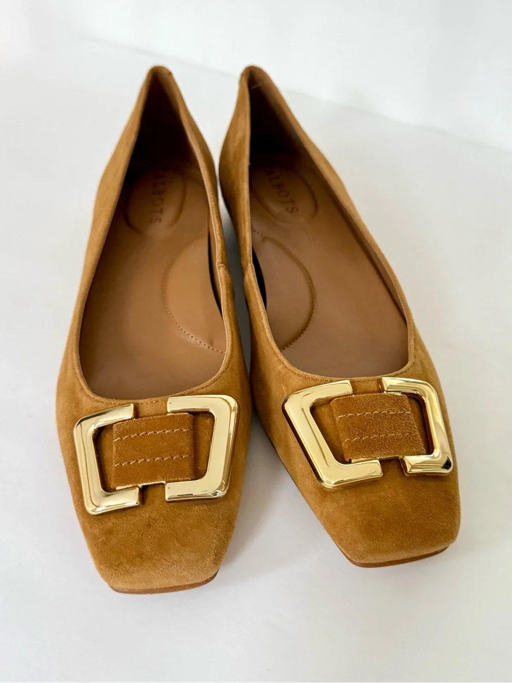 Talbots Sutton Camel Suede Flats with Gold Buckle